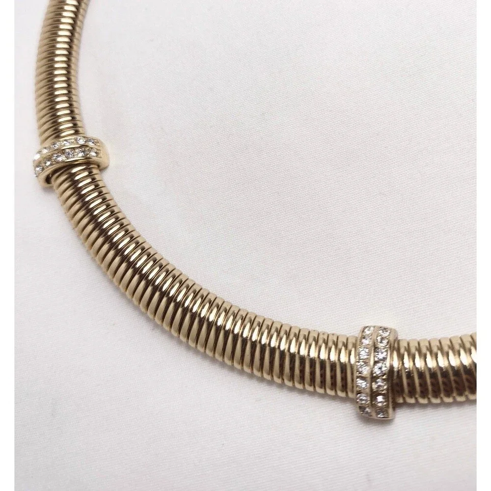 Vintage Omega Coil Gold tone Rhinestone Statement Necklace